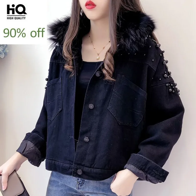 High Street Vrouwen Mode Bontkraag Denim Jas Korte Kralen Loose Fit Jeans Jas Vrouwelijke Bovenkleding Winter Fleece Jassen High Street Vrouwen Mode Bontkraag Denim Jas Korte Kralen Loose Fit Jeans Jas Vrouwelijke Bovenkleding Winter Fleece Jassen