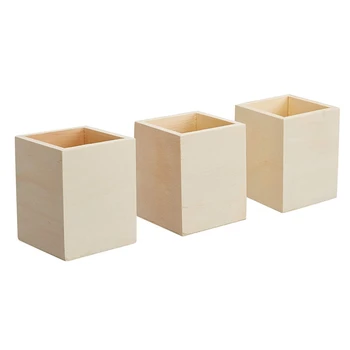 

3-Pack Unfinished Wooden Pen and Pencil Holder Cups for Office Desk Organization and DIY Crafts, 10 x 8 x 8 cm
