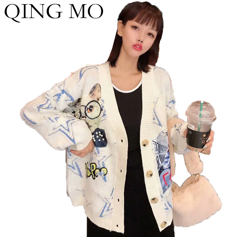 QING MO Winter Women Cardigans Sweater Women Cartoon Printed Sweater White Female V Neck Knitted Sweater Lovely ZQY2149
