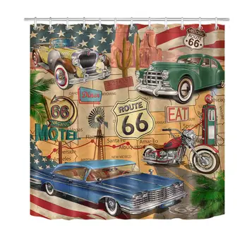 

Anique Car Shower Curtain,Old Classic Car Theme American Vintage Route 66 Diner Motorcycle Shabby Chic Shower Curtain,Waterproof