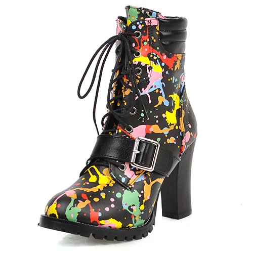 BYQDY/сапоги с рисунком граффити в стиле ретро из искусственной кожи на высоком каблуке; Танцевальная обувь для выпускного бала; женские теплые короткие ботильоны «Челси» с пряжкой; большие размеры 48 - Цвет: Black