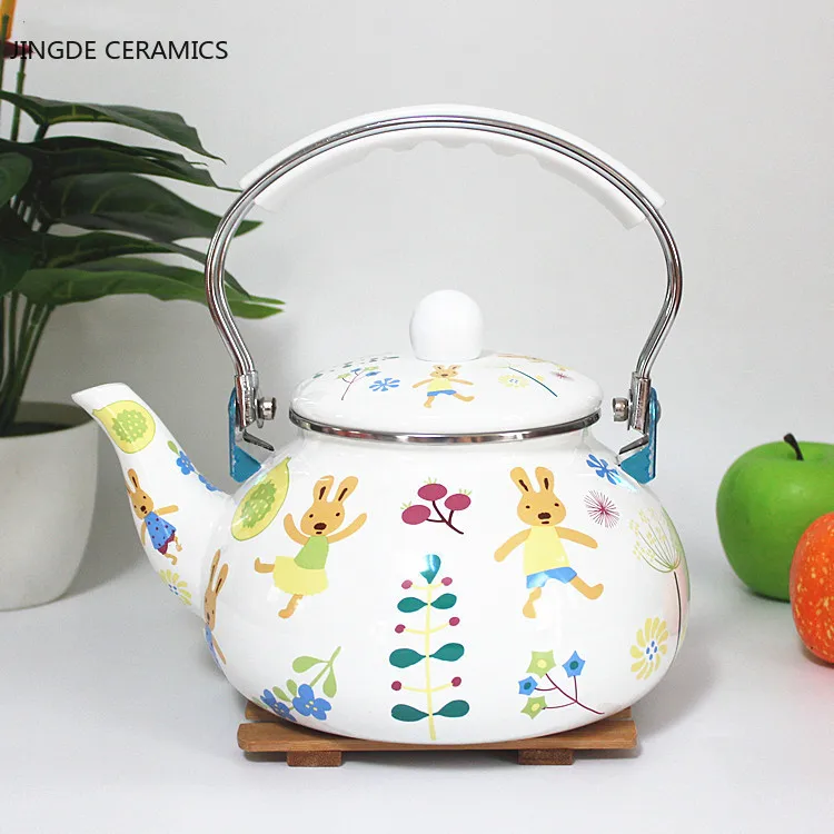 2.4L Thick Flat Bottom Cartoon Sugar Rabbit Enamel Kettle Kettle Jug Milk Teapot Home Kitchen Induction Cooker Universal