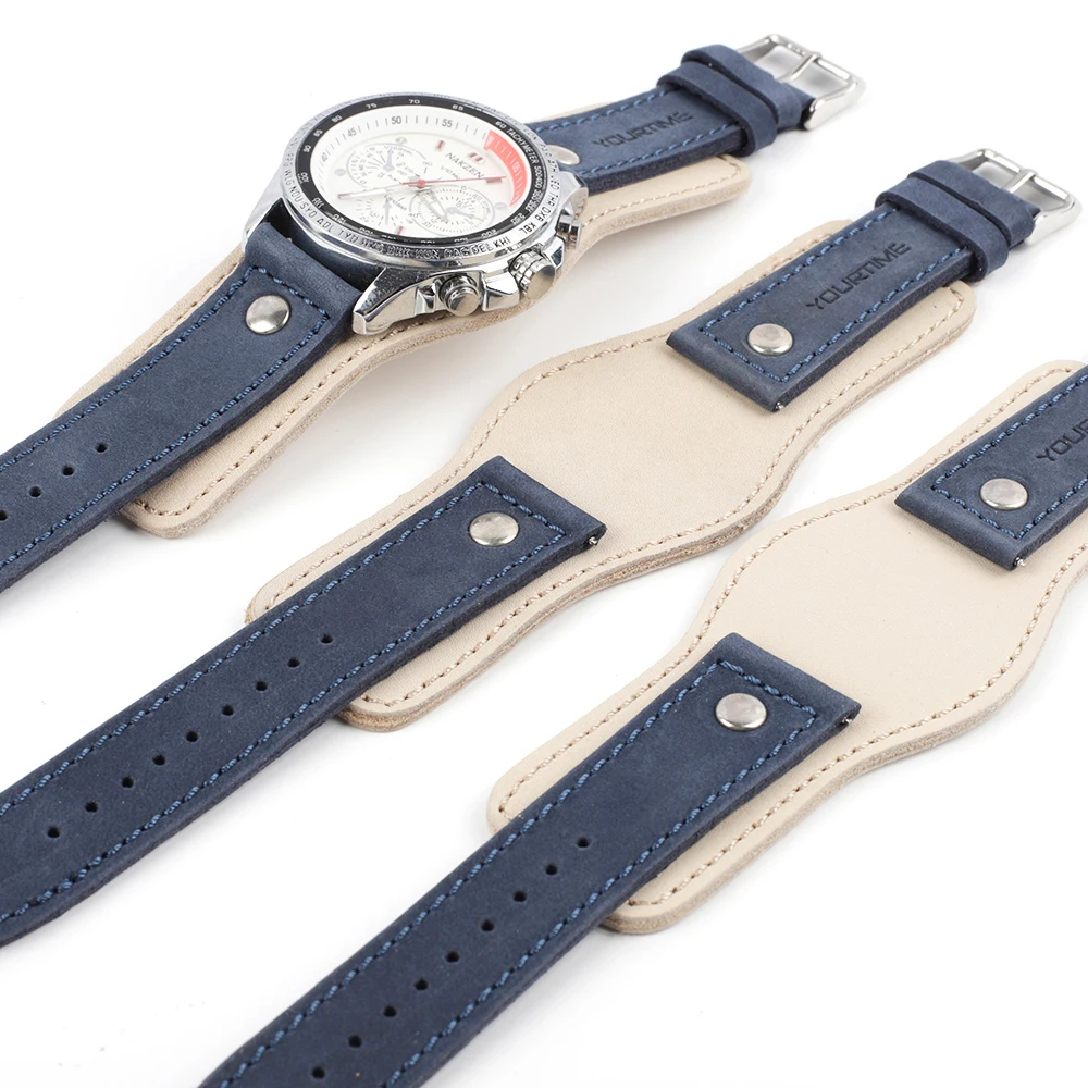 Genuine Leather Watchband 22mm Strap With Mat Handmade Men's Wrist Watch Band Blue White Tray Bands Bracelet Watch Accessories