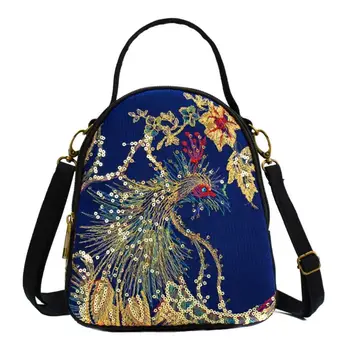 

Women Canvas Crossbody Shoulder Bag Ethnic Sequins Peacock Embroidery Handbag L9BE