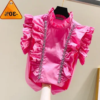 

women Short-sleeved shirt sweet lotus leaf beaded diamond chiffon 2020 spring and summer o-neck top blouse