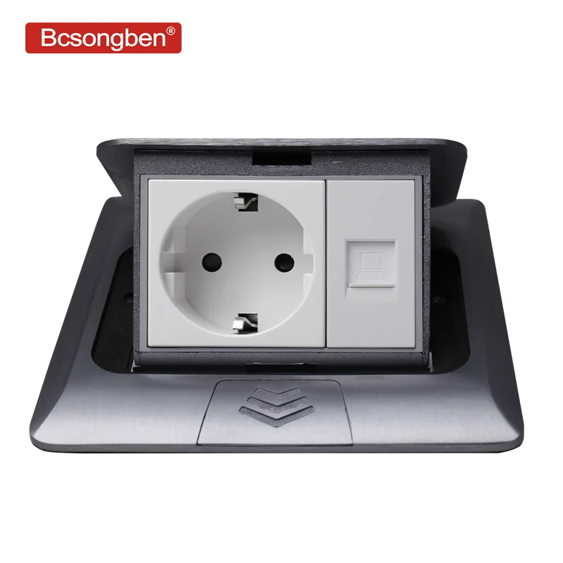

Bcsongben All Aluminum Silver Panel 16A EU Standard Socket + computer outlet Pop Up Floor Socket Power Outlet