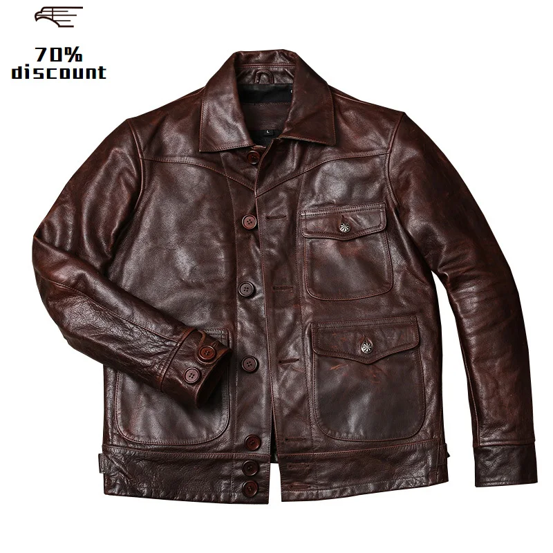 

2020 Retro Dark Brown American Casual Style Leather Jacket Single Breasted Large Size XXXL Genuine Cowhide Slim Fit Leather Coat