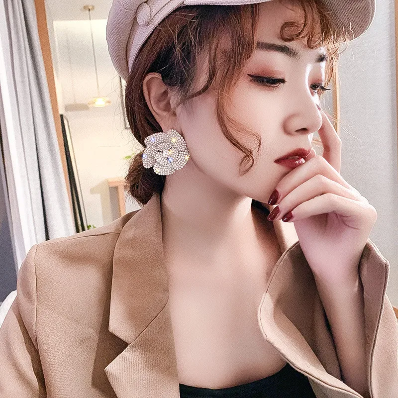 FYUAN Full Rhinestone Crystal Stud Earrings for Women Oversize Flower Crystal Earrings Party Weddings Jewelry Gifts