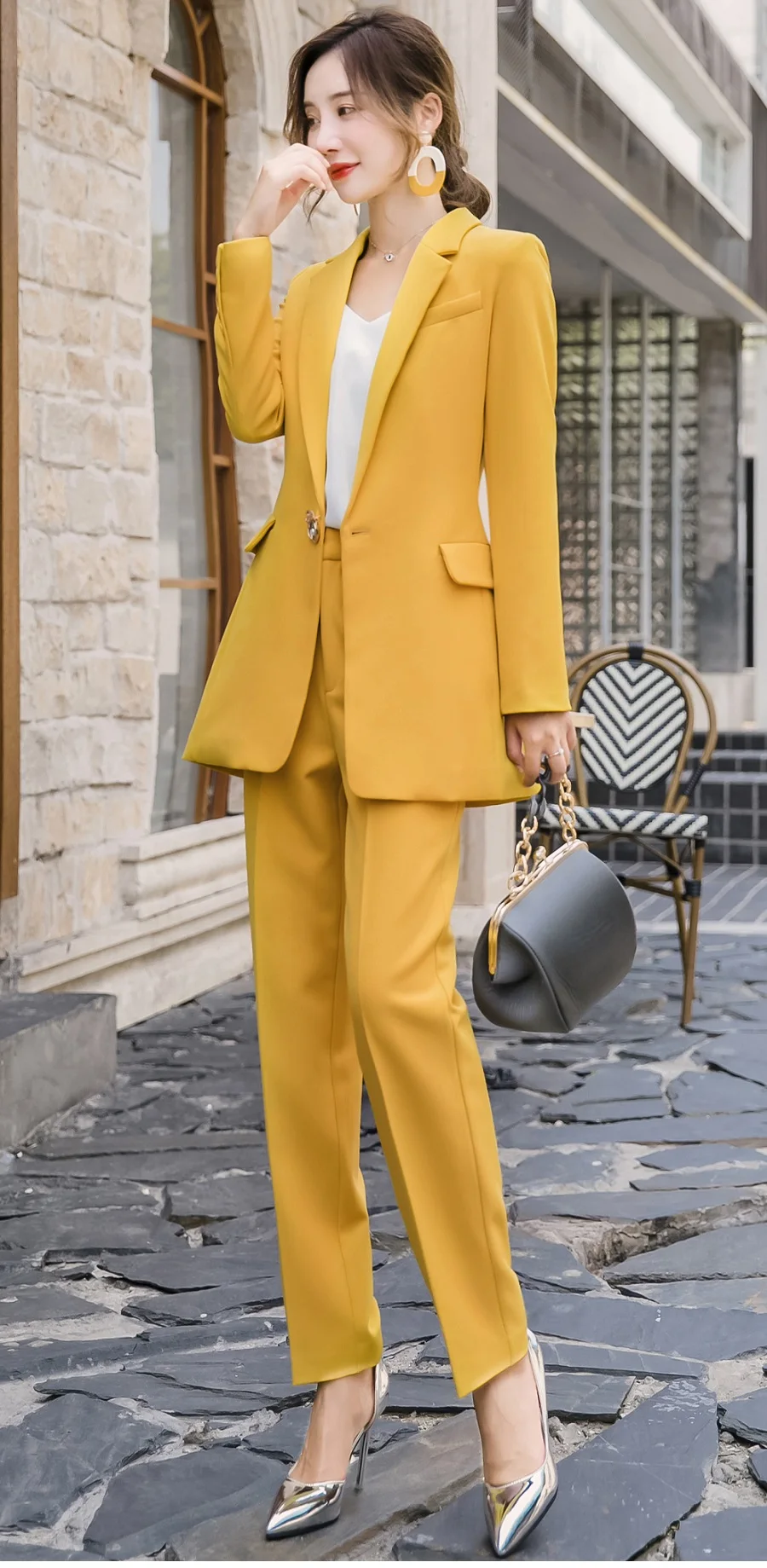 Женские костюмы тонкая Осенняя желтая длинная секционированная куртка брюки комплект из 2 предметов OL формальные женские брючные костюмы женский комплект костюмы 9363