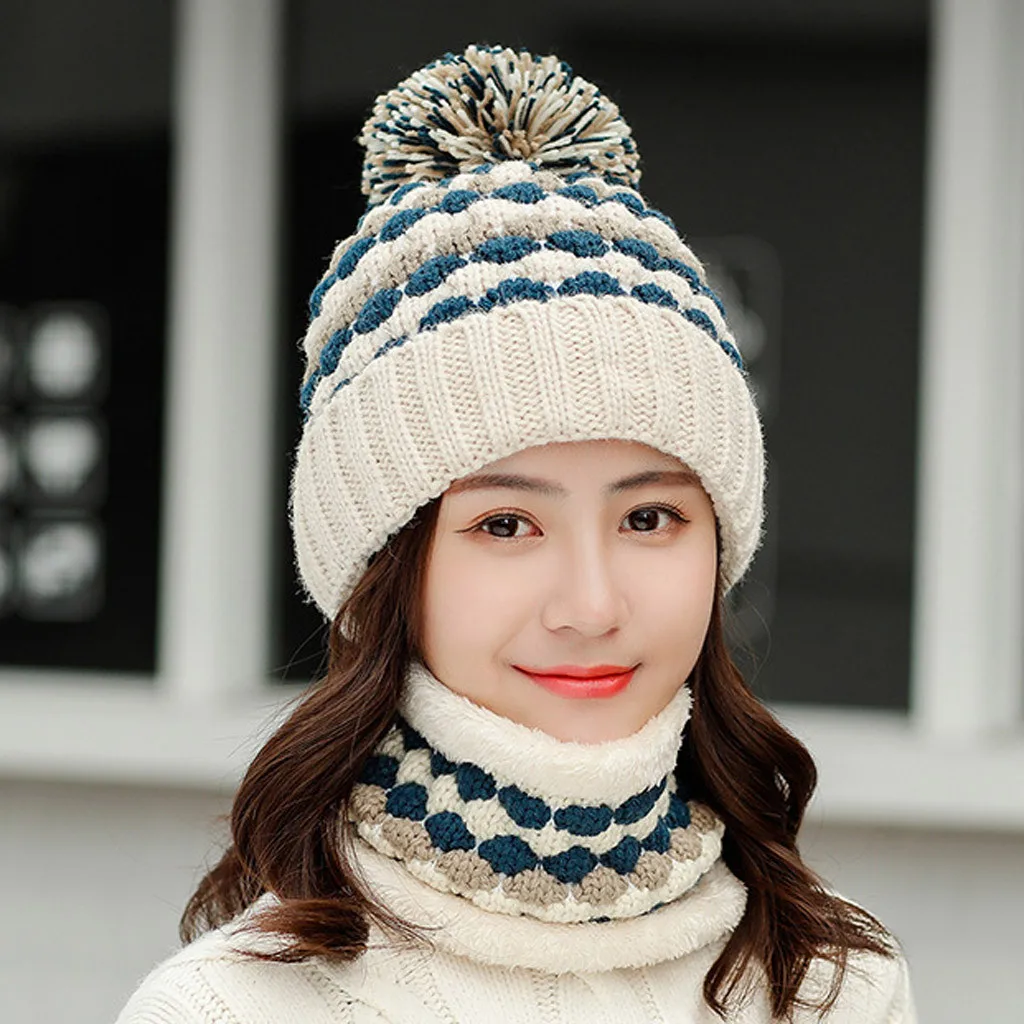 Модная шапка с помпоном для женщин Skullies Beanies зимняя вязаная шапка с шариковым воротником комплект толстой теплой однотонной теплой зимне наушники шапка для девочек