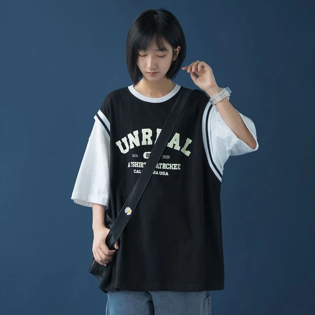 Basketball Jersey Women Loose Oversized Harajuku Sports Style t-Shirt Women  Printed Digital Kawaii Short-Sleeved Fake Two-Piece