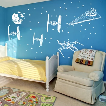 

Cartoon Star Wars Spacecraft Star fighters Wall Decal Boy Room Kids Room Star Wars Death Star Fighter Wall Sticker Vinyl