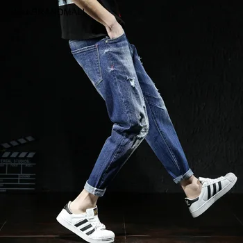 

Jjd501 Hole Nine Points Jeans Male Loose Plus Fat Plus Size Elastic Force Leisure Harlan Feet Pants 28-46