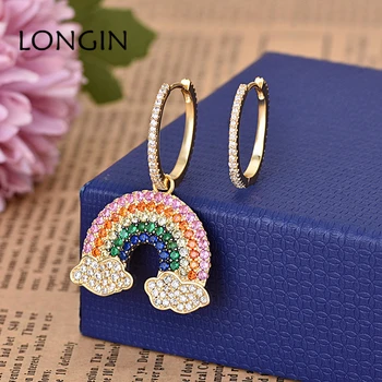 

LONGIN European And American Fashion Gold Color Rainbow Long Earrings Zircon Asymmetric Personality Creative Ladies Earrings
