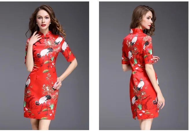Новинка 2013,, платье в китайском стиле, cheongsam, летняя одежда, вечерние платья с принтом, красное XXL, элегантное тонкое женское платье-карандаш