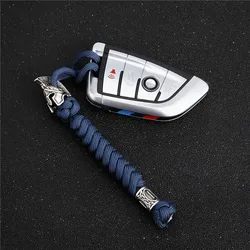 Supretu Men's Luxury Navy Woven Rope Keychain with Viking Runes (Silver Navy)