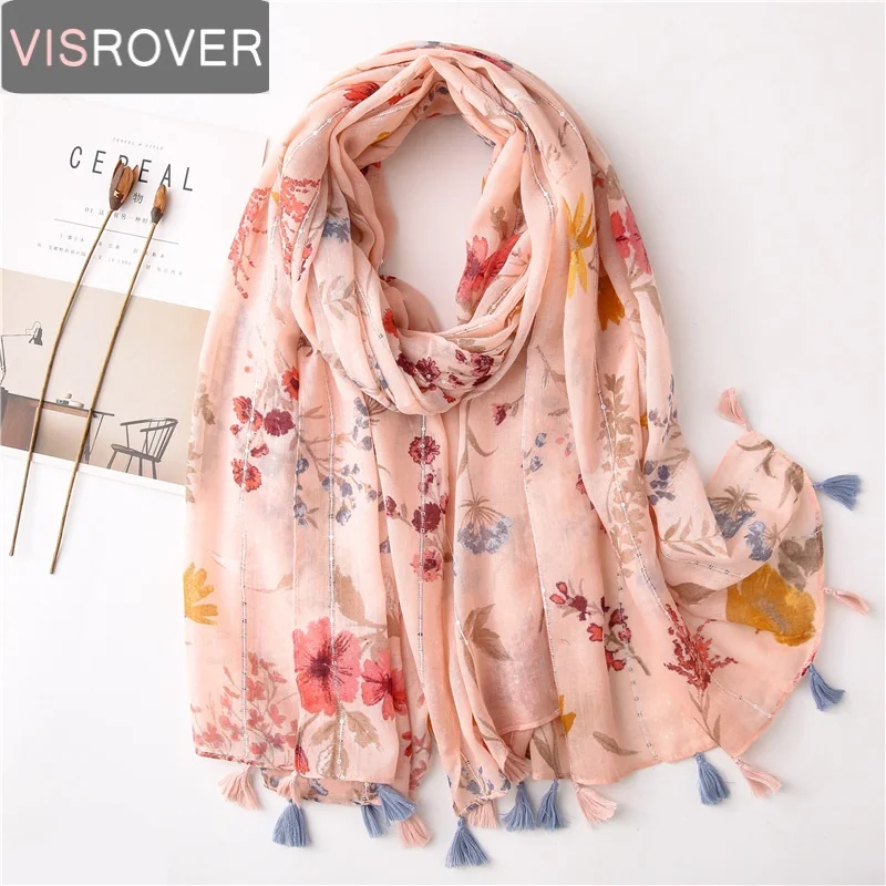 Visrover 2020 New Flower Print Beach Scarf Luxury Brand Viscose Big Hijab Tropical Sequin Shawl Women Scarfs Spring Wrap |