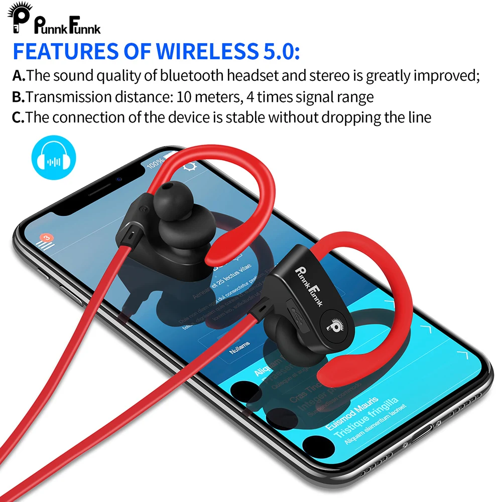PunnkFunnk Bluetooth Headphones Wireless Earphone bluetooth 5 0 Sport Noise Canceling Deep Stereo earbuds Mic For iphone samsung