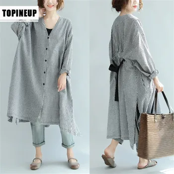 

Spring Autumn Thin 2019 Hot Back Belt Loose Plaid Women Dress Casual V-Neck Vintage Long Lantern Sleeve Loose Dresses