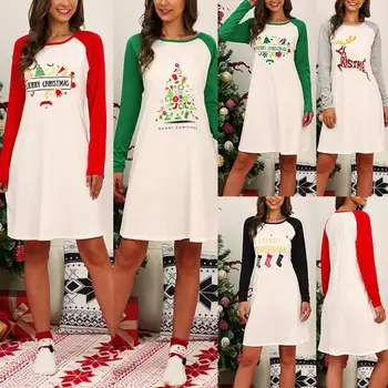 

Women O Neck Long Sleeve Xmas Printed Color Block Patchwork Knee-length Dress Holiday Decoration Clothing Christmas dress
