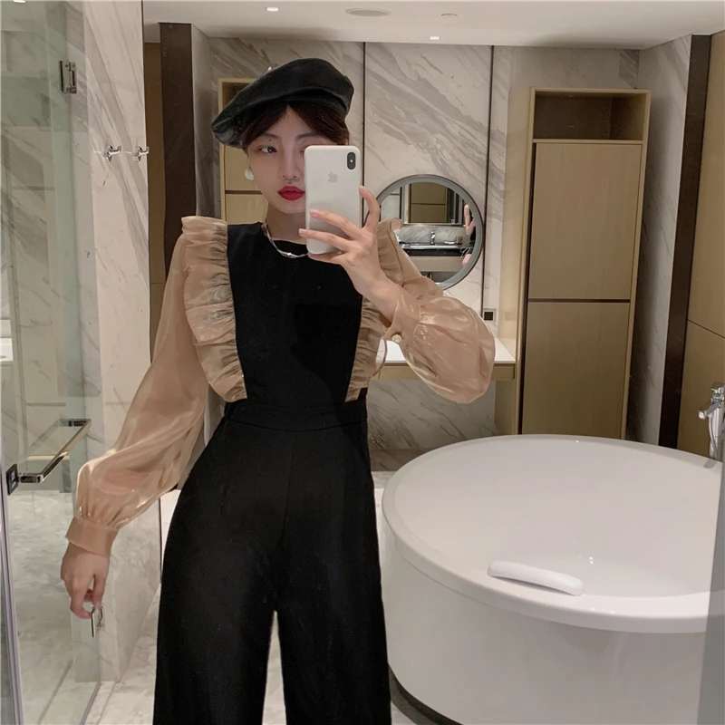 Temperament Autumn Sexy Retro Fashion Black O Neck Puff Long Sleeve Jumpsuits Women Ruffled Fake Two Piece Rompers Wide Leg |