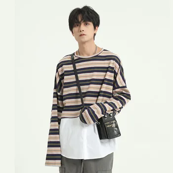 

New Male Women Japan Korea Streetwear Hip Hop Loose Casual Tees Shirts Men Stripe Splice Long Sleeve T-shirt