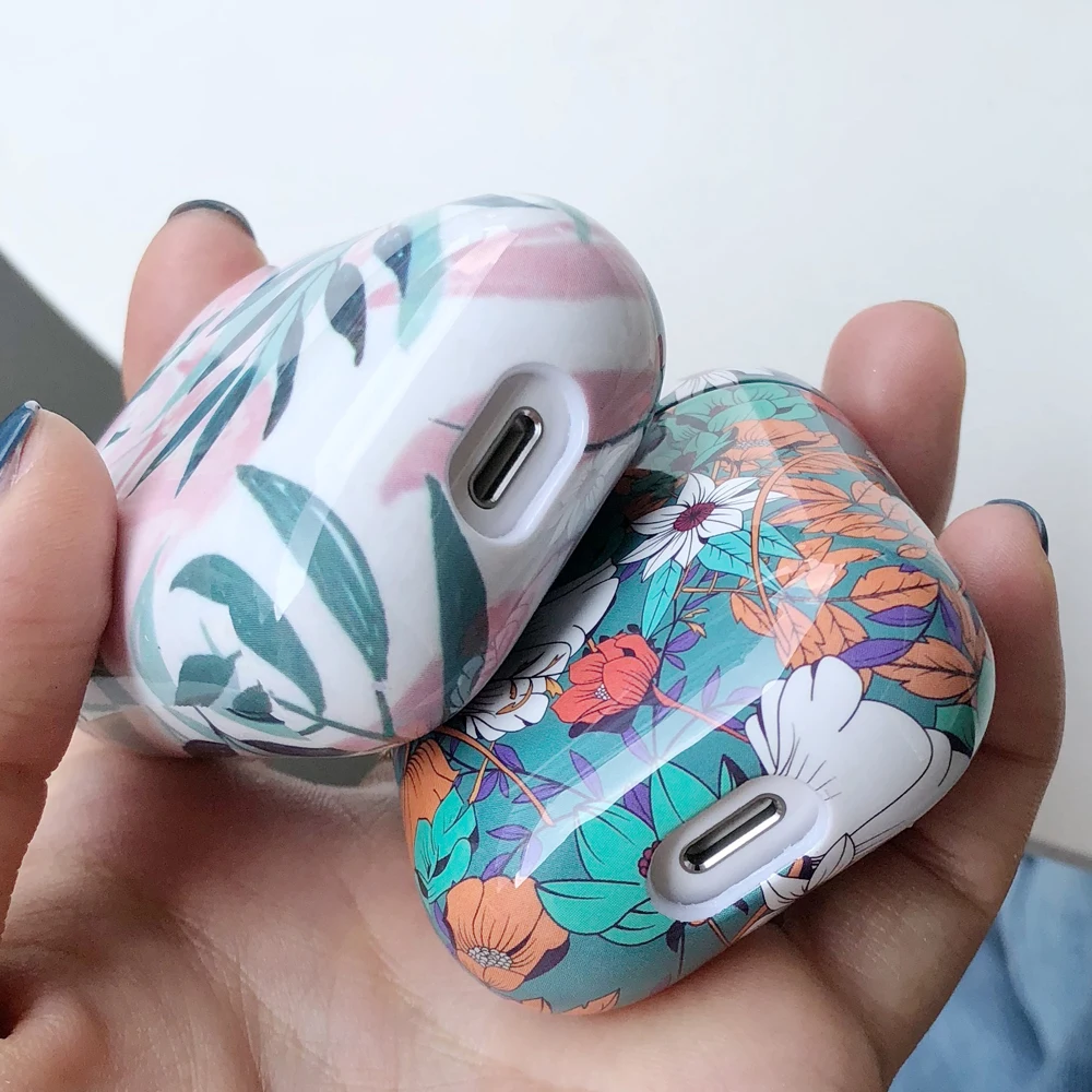 AZiMiYO для airpods чехол s Беспроводные наушники с синим узором в виде листьев глянцевый Жесткий Корпус для airpods1 2 air pods чехол