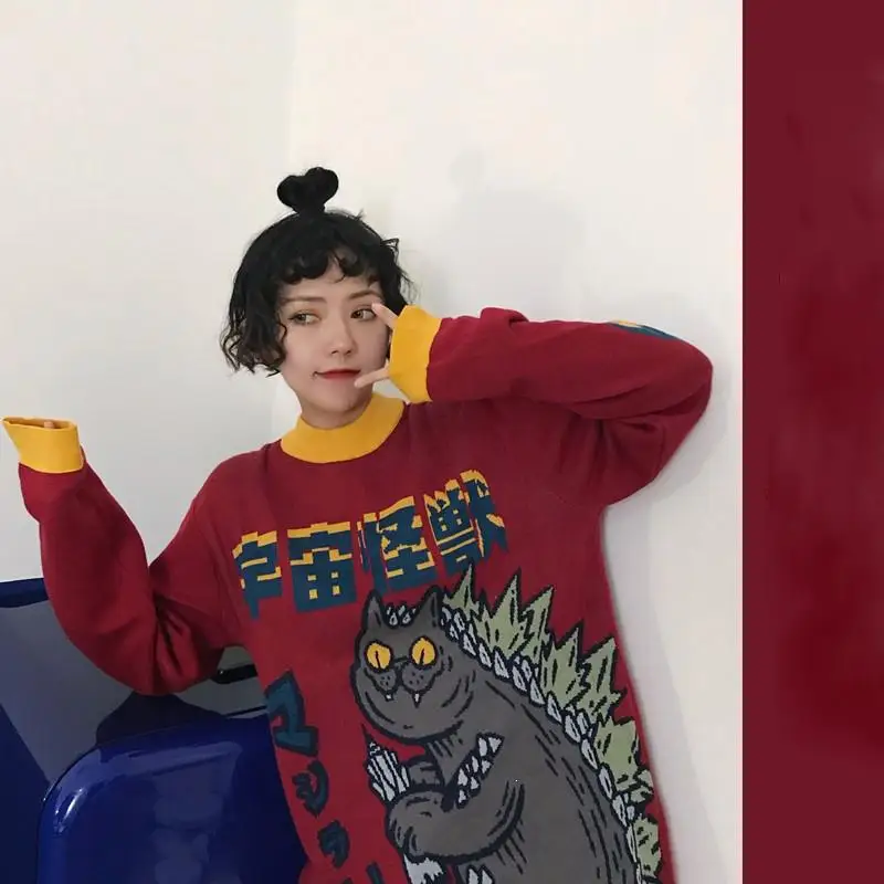 Harajuku свитер с вышитым мультяшным монстром, свободный свитер с круглым вырезом в стиле ретро с ярким воротником, свитер с рукавами и надписью