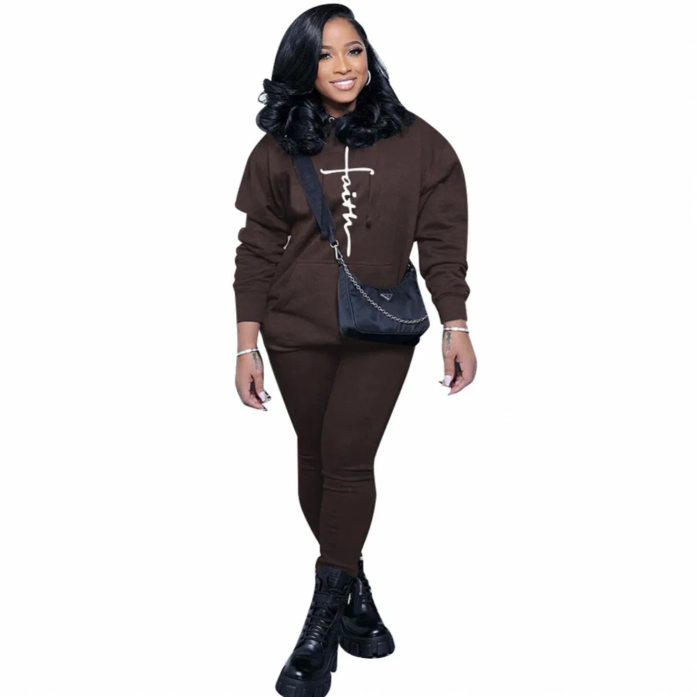 Ladies Sports Suit Solid Color Long-Sleeved Hooded Sweater + Casual Pants Two-Piece Fall 2021 Womens Fashion Slim Trousers Suit