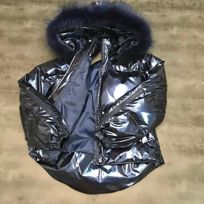 Новинка, хлопковое пальто с капюшоном и большим воротником в виде лисы, блестящее металлическое пальто, хлопковая стеганая куртка, одежда с хлопковой подкладкой