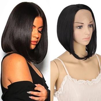 DIANQI 11Bob Short Wig Synthetic Side Part Lace Front Wig Straight Bob with tail curls Short Hair black golden Wig for women medium side parting straight bob synthetic wig