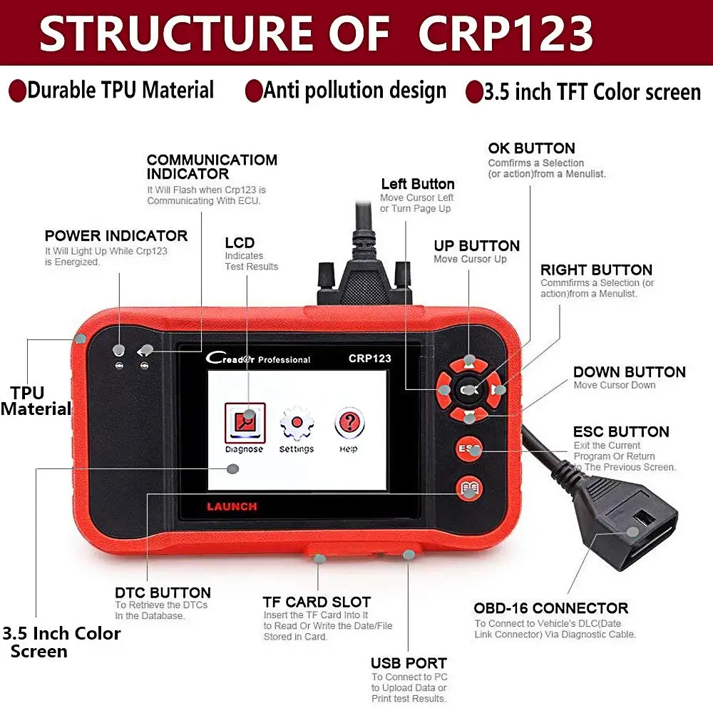 LAUNCH X431 CRP123 OBD2 Automotive Scanner ABS SRS Airbag Transmission Engine Car Diagnostic Tool free update pk Creader vii