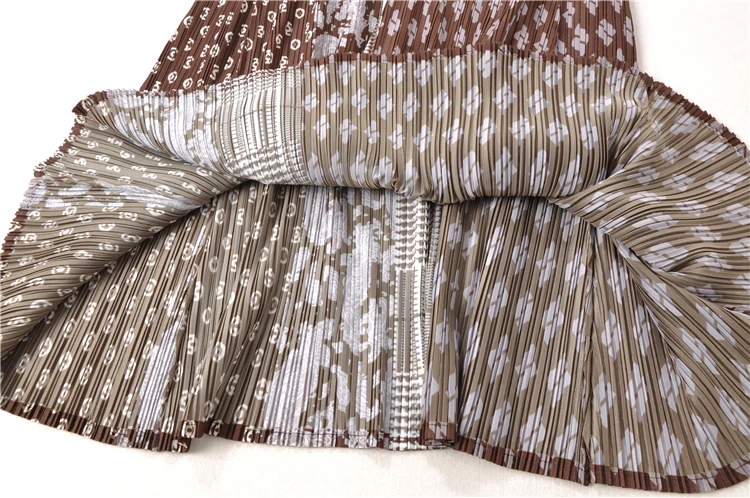 Горячая Miyake короткий рукав Винтажный стиль кешью печати o-образным вырезом складное платье А-силуэта платье