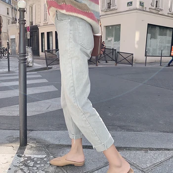 

MISHOW 2019 Autumn Winter Causal Light Blue Jean Women High Waist Straight Zipper Long Pants MX19C2373