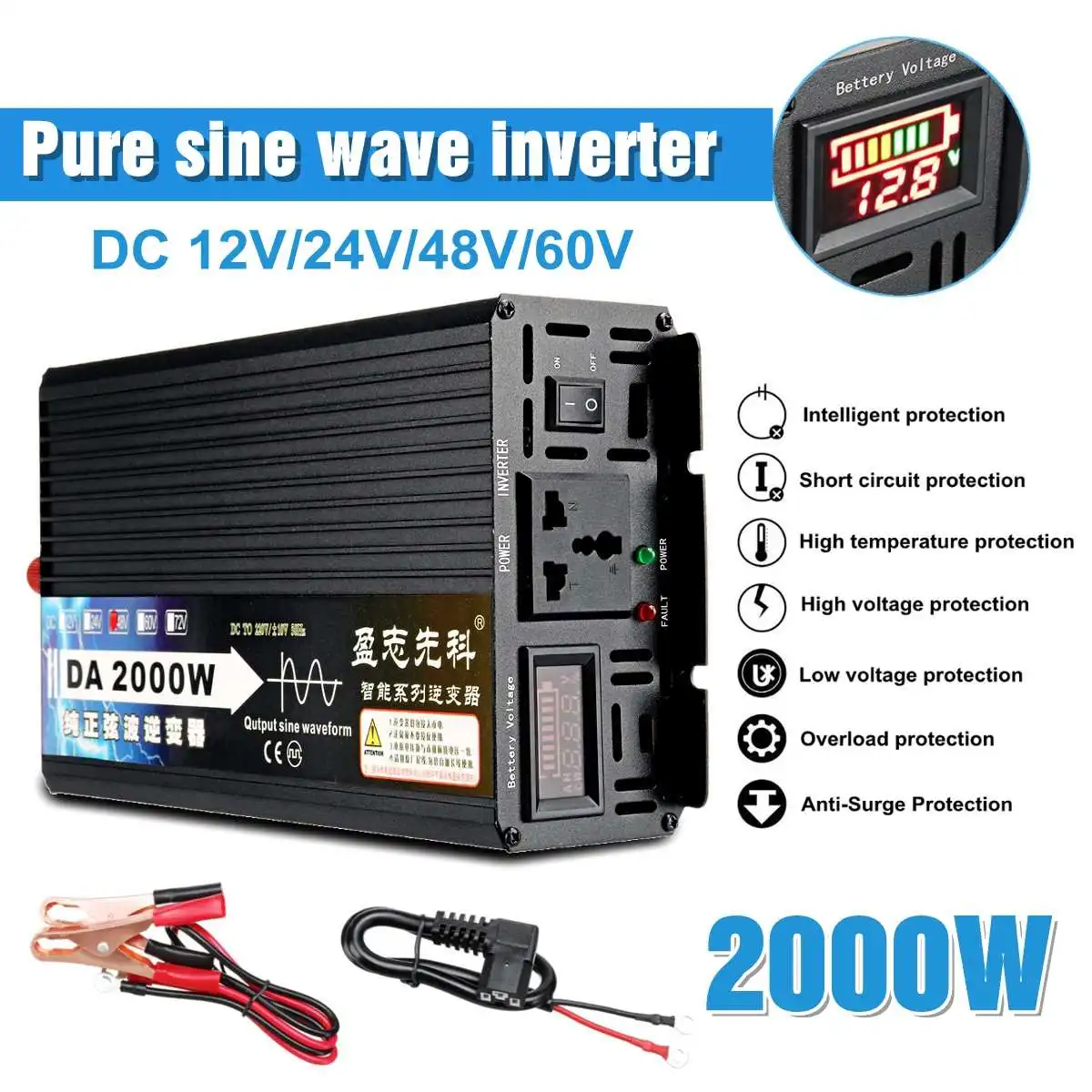 

2000W Voltage transformer Pure Sine Wave Power Inverter 12V/24V/48V/60V TO 220V LCD Display Voltage Converter