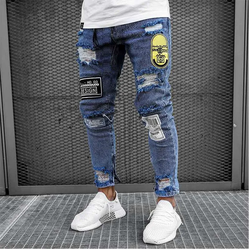 Корейский стиль, мужские джинсы, знак, тонкие, Dzinsy Meskie Z Dziurami, с принтом, для ног, Стрейчевые джинсы, мужские, модные