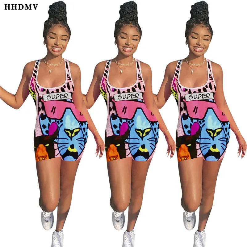 HHDMV GYD18105 reduction of age hip hop style jumpsuits sleeveless round neck vest type printed simple jumpsuits short pants