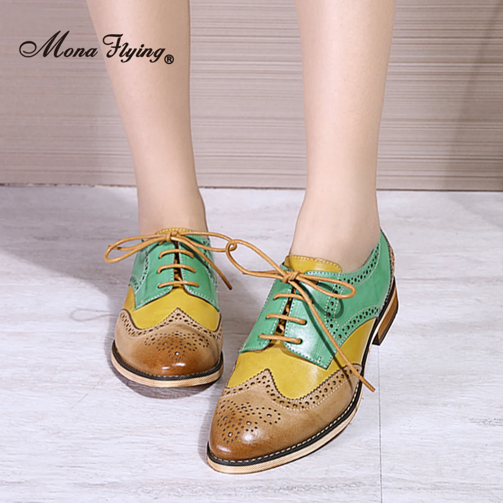 Mona Flying Women's Oxfords Wingtip Chic Leather Hand-made Comfort Multi Color Derby Casual Flat Lace-up ladies Shoes B098-6