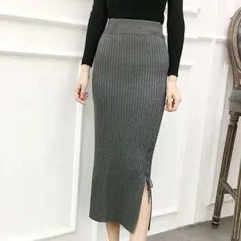 

Women Autumn Winter Knit Split High Waist Skirts Fashion Casual Long Bag Hip Skirts Female Solid Color Skirts