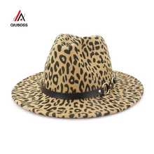 QIUBOSS для мужчин и женщин, Леопардовый принт, джаз фетровая шляпа, плоские фетровые шляпки с полями с ремнем, пряжка, Панама, мягкая фетровая шляпа вечерние, формальные шляпы