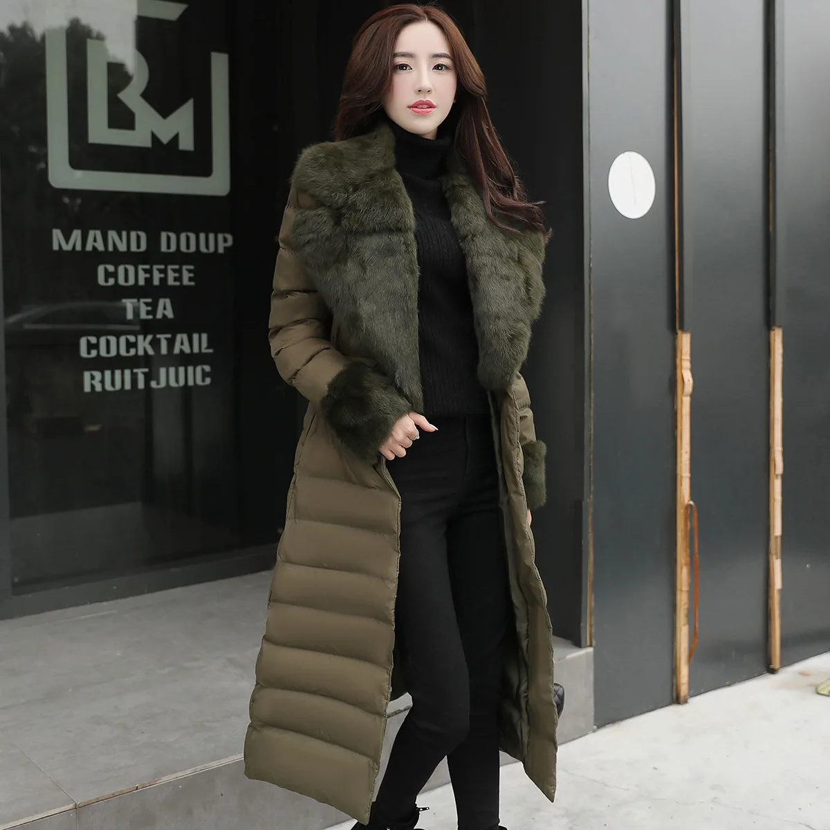 

Ozhouzhan Long over-the-Knee Cotton-padded Clothes Women's 2017 Winter Fold-down Collar Rabbit Fur Joint Cotton Coat Slim Fit Ko