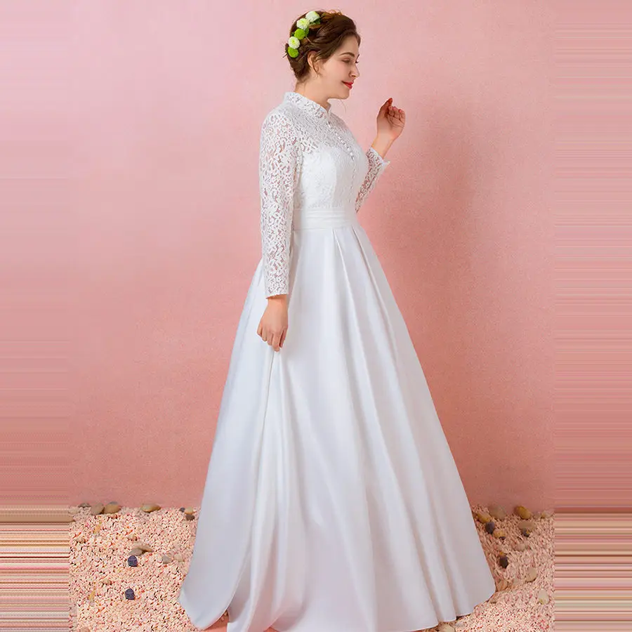Свадебные платья с длинным рукавом размера плюс Vestido De Novia T420 Новое Кружевное простое платье невесты белое Элегантное свадебное платье на шнуровке