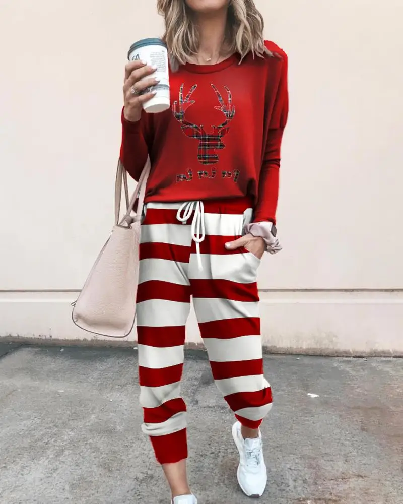 

Christmas Moose Print Top & Drawstring Pants Set