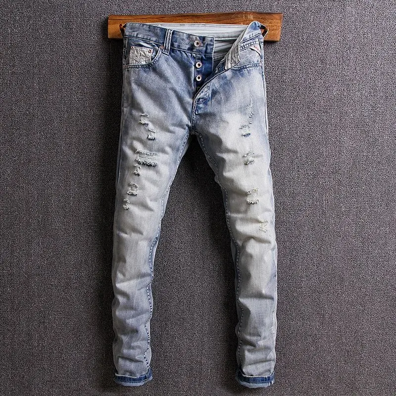 

Fashion Streetwear Men Jeans Light Blue Color Ripped Jeans Men Denim Destroyed Pants Designer Hip Hop Skinny Jeans Hombre