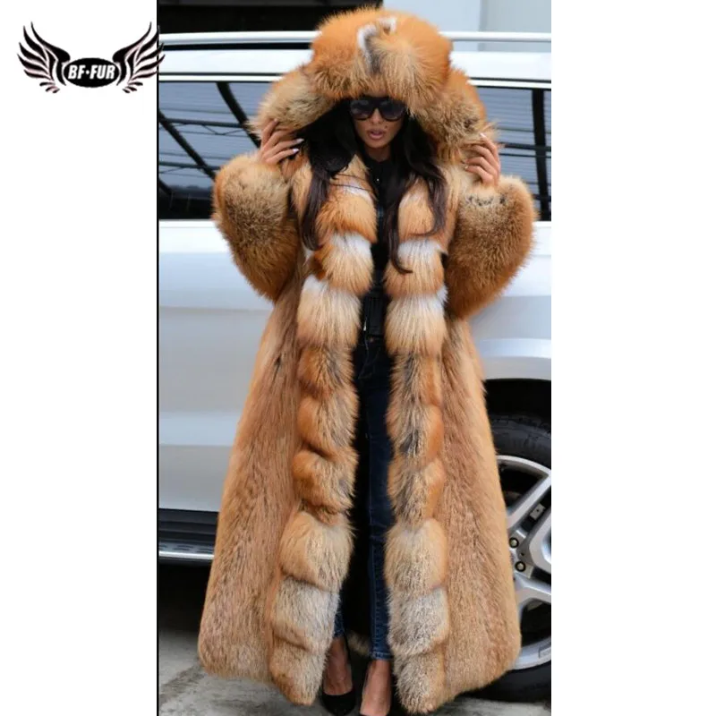 130cm Long Luxury Real Red Fox Fur Coat With Big Hood Thick Warm Winter Genuine Fox Fur Jacket Pelt Natural Fur Coats Woman 2022