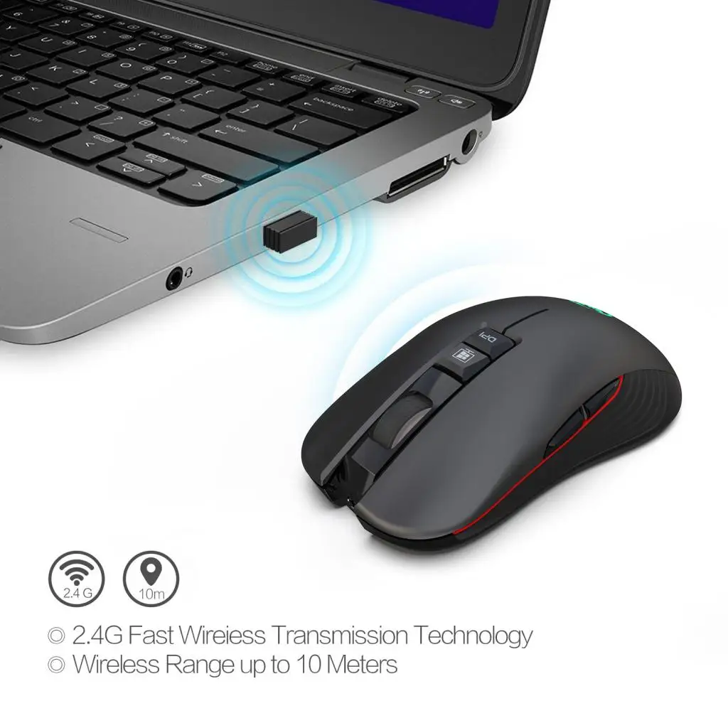 2.4G Wireless Ergonomic Optical Mouse, 800 /1600/2400/3600 DPI, 8 Buttons for Laptop, Desktop, PC, Macbook - Black