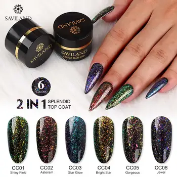 

SAVILAND 2 IN 1 Top Coat Gel Nail Polish Diamond Glitter Color Semi Permanent Gel Lacquer Laser Chameleon Need Black Color Gel
