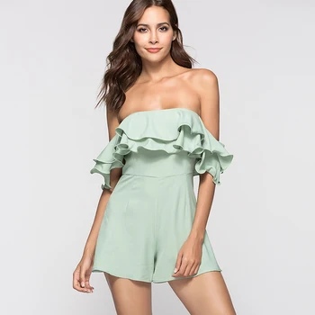 

2019 Female playsuit sexy off shoulder overall jumpsuit womens ruffles strapless casual romper backless solid green