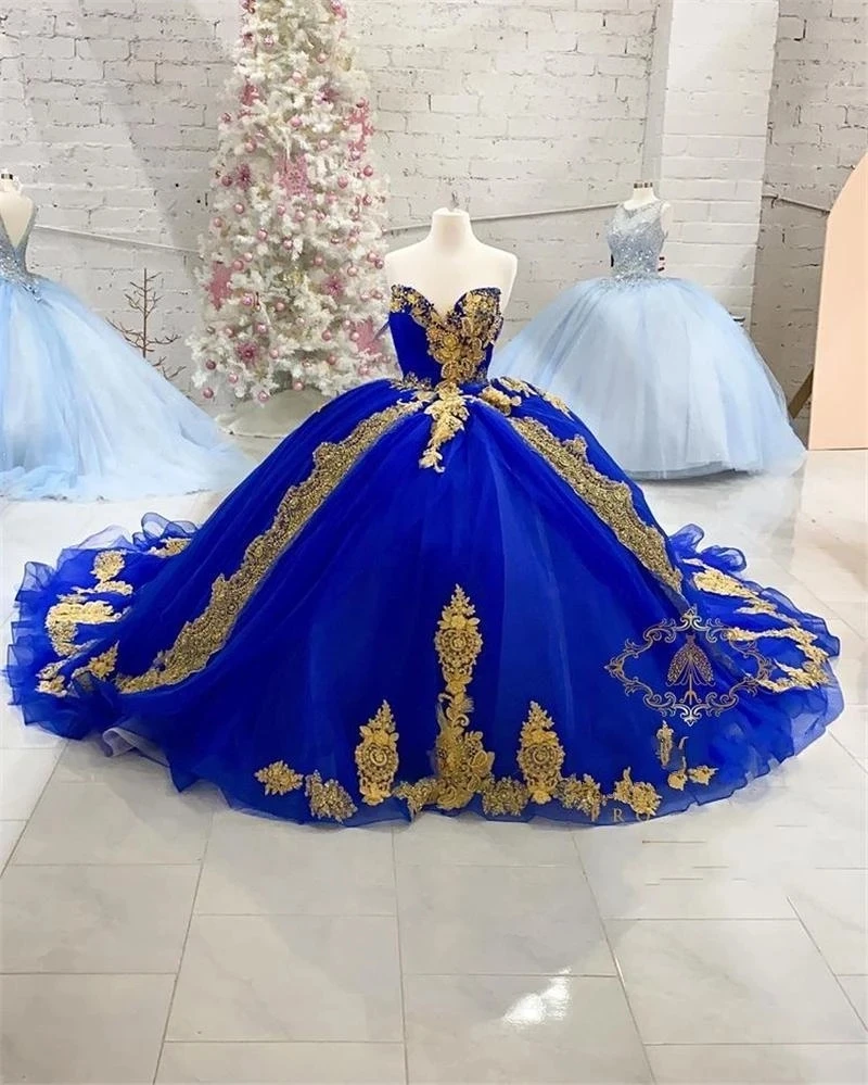 Royal Blue Gold Lace Vestidos De Novia Quinceanera Dresses Sweetheart Lace-up Long Train Gowns Women Plus Size Prom dress