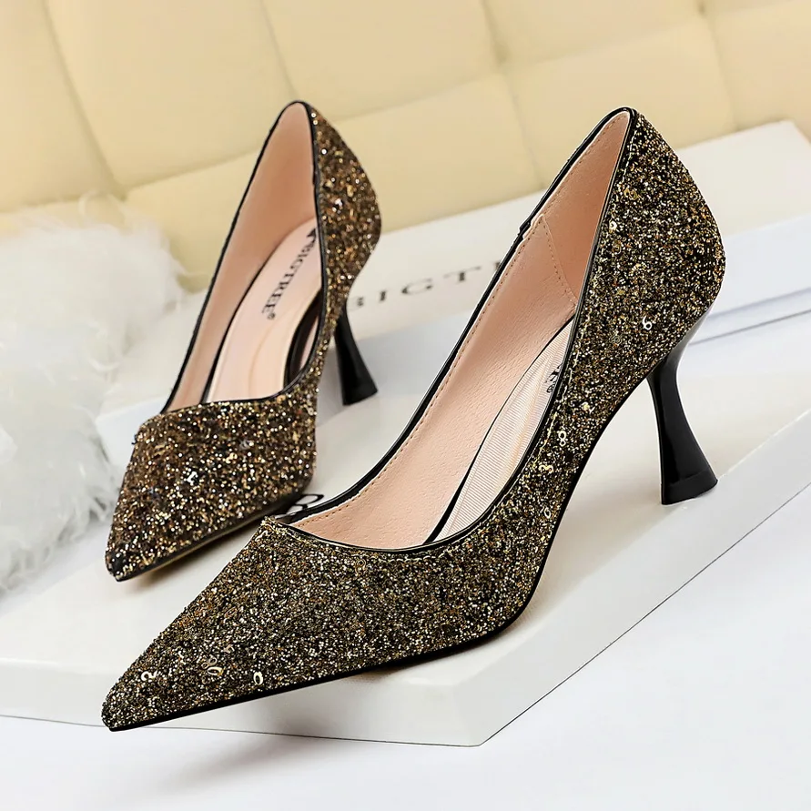 BIGTREE шикарные, на высоких каблуках для танцев Клубная обувь Для женщин пикантные серебристые женские туфли-лодочки с блестками на шпильке Новая роскошная обувь для вечеринок Свадебные туфли-лодочки